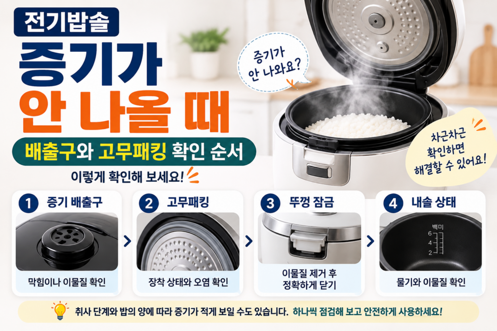 전기밥솥 증기가 안 나올 때 | 배출구와 고무패킹 확인 순서 1 전기밥솥 증기가 안 나올 때
배출구와 고무패킹 확인 순서