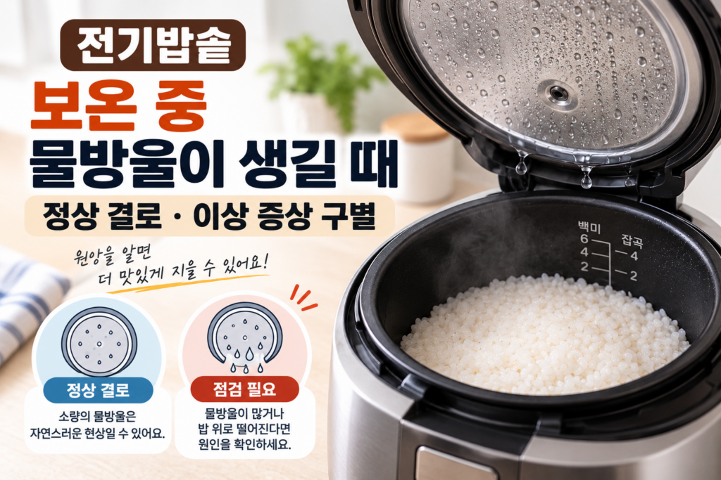 전기밥솥 보온 중 물방울이 생길 때 | 정상 결로와 이상 증상 구별 1 전기밥솥 보온 중 물방울이 생길 때 정상 결로와 이상 증상 구별