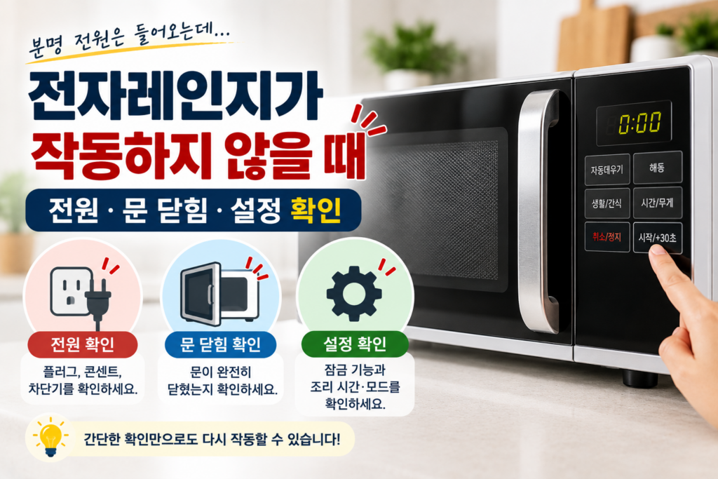 전자레인지가 작동하지 않을 때 | 전원·문 닫힘·설정 확인 1 전자레인지가 작동하지 않을 때 전원 문 닫힘 설정 확인 방법